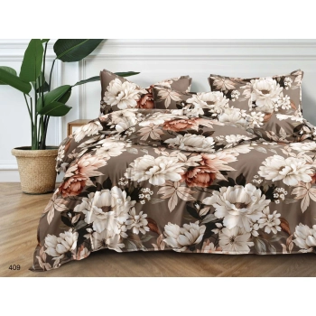 Pościel bawełna satynowa 160x200 brązowe kwiaty z prześcieradłem – elegancki komplet 4cz PK435